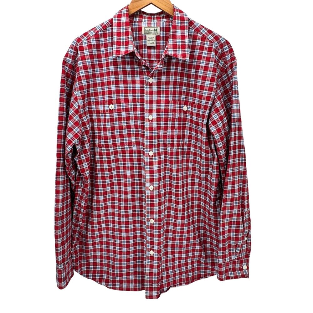 LL Bean Shirt Mens Large Red Plaid Button Up Cotton Classic Lightweight Flannel